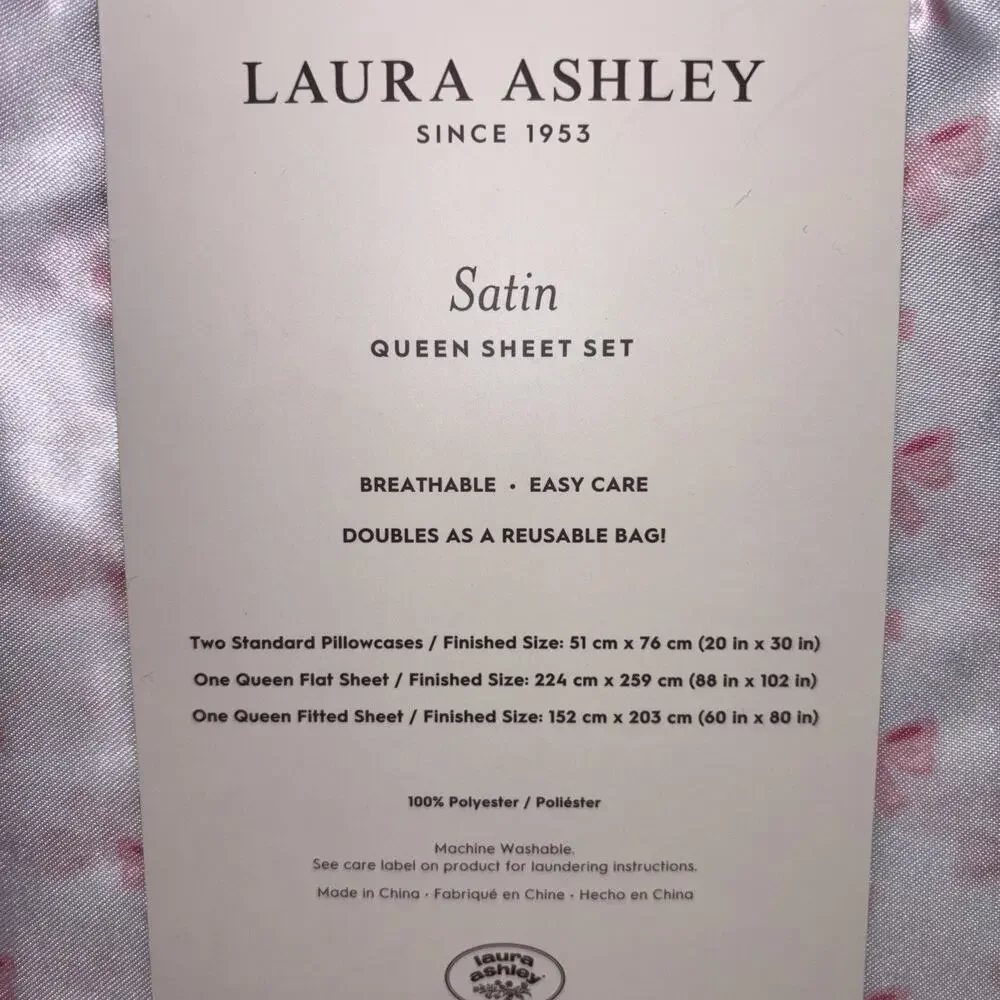 Laura Ashley Satin Queen Pink Bow Ribbon 4 Pc Deep Pocket Sheet Set NEW